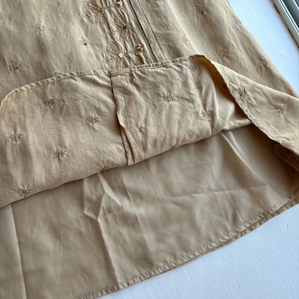 Vintage Womens 10 Silk Linen Midi Skirt Tan Embroidered Beaded Sequin A-Line - Picture 8 of 10
